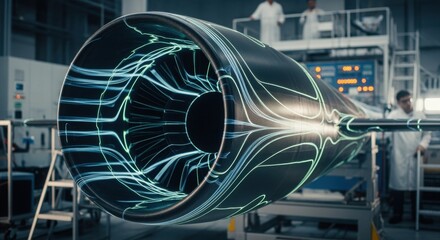 Detailed view of supersonic business jet composite inlet under simulated airflow stress analysis in specialized aerospace lab environment.