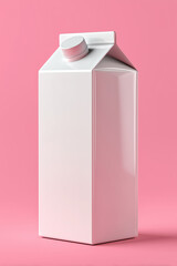 White milk carton with pink cap on pastel pink background, minimal packaging. AI generated