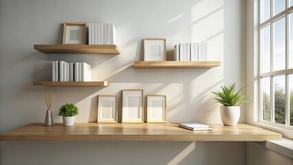 Fototapeta premium Sunlit Workspace Featuring Minimalist Wooden Shelving and Desk with Decorative Plants and Blank Frames
