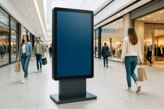 Blank advertising screen mockup in modern shopping mall corridor with people walking and shops in background, perfect for branding display concepts. Ai generative