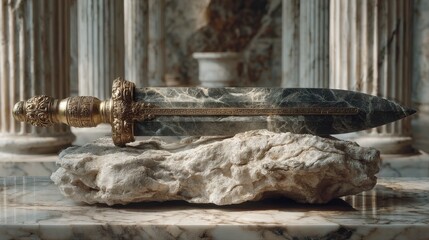 Ancient Greek Xiphos Short Sword Displayed on Marble Base