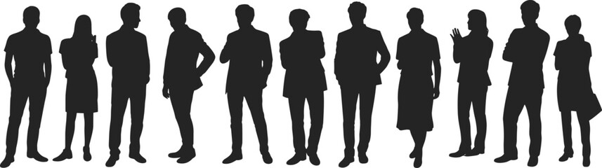 Group of diverse business professionals standing in various poses, confident posture, formal attire, teamwork, corporate team, leadership, communication, collaboration, business group concept