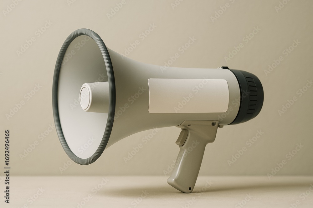 Poster megaphone with blank label mockup placed on neutral background for branding and communication design