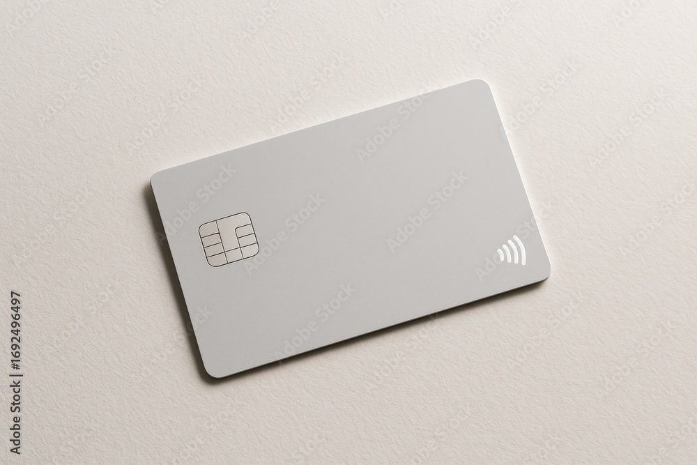 Poster blank credit card mockup with chip and contactless symbol on light paper background for branding or 