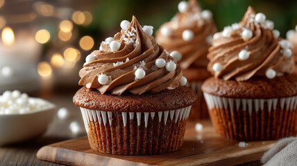 Chocolate cupcakes topped with frosting and pearl sprinkles on festive background. AI generated