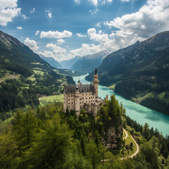 Fototapeta premium A medieval castle, nestled in lush green forests, overlooks a turquoise river, majestic mountains, and a bright blue sky with scattered clouds.