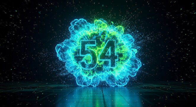 Energetic Number 54: Glowing Digits Bursting with Electric Blue and Green Aura