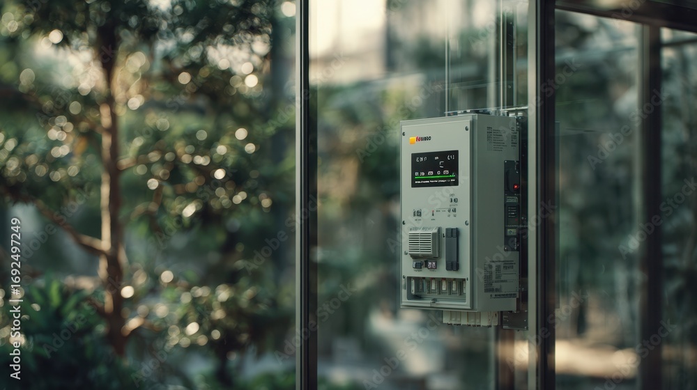 Poster focused medium shot of a remote battery storage systems monitoring unit with blurred outdoor environ