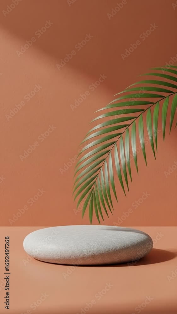 Poster minimalist presentation podium with green palm leaf on warm orange background simple product display