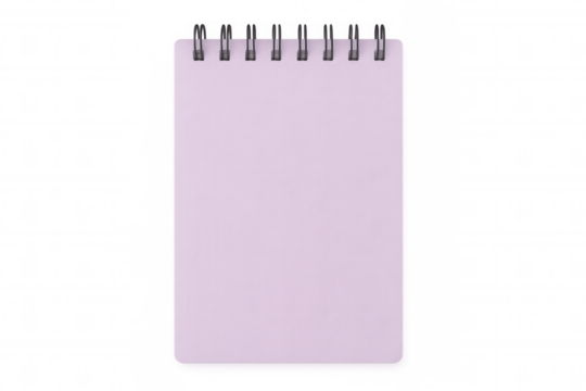 Purple notepad with blank pages and spiral binding, isolated on transparent background, perfect for adding notes or messages to designs