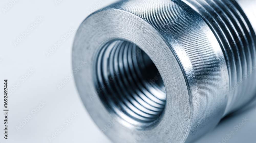 Poster close-up of a metallic threaded component isolated on a white background