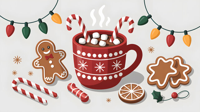 A festive Christmas illustration of hot chocolate with marshmallows, gingerbread cookies, candy canes, and holiday lights.