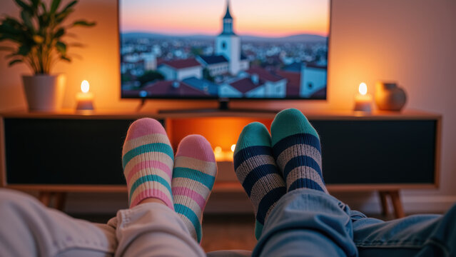 Cozy evening with colorful socks, watching cityscape on TV, warm ambiance with candles. Perfect for relaxation and comfort
