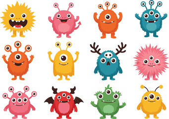 Colorful cartoon monster set, cute fantasy alien creatures with multiple eyes, unique shapes, great for kids design, games, and decorations