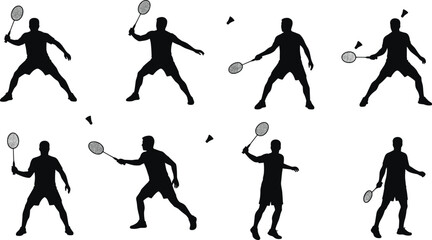 Vector illustration of male badminton players in various action poses with rackets and shuttlecocks, showcasing sport, fitness, and competition.