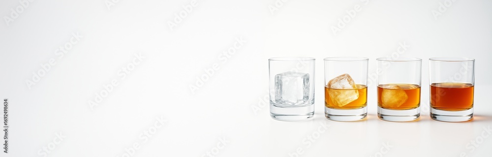 Poster four whiskey glasses with varying ice cube levels aligned on a white background with empty copyspace