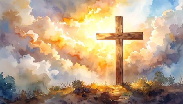 A wooden cross stands on a hilltop, bathed in golden sunlight piercing a vibrant sky - Powered by Adobe