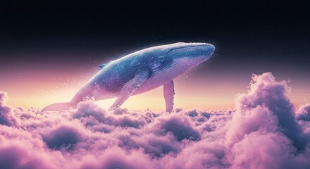 Ethereal Whale Ascending Through Dreamy Lavender Clouds Under Starry Sky