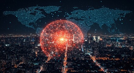 The abstract nature of global business technology and a modern city lifestyle, with a digital background influencing people, travel, and fashion