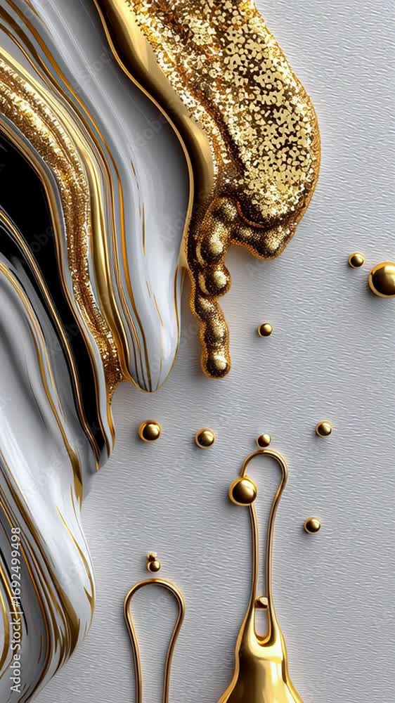 Poster molten golden fluid morphing, generating swirling abstract patterns dancing across stark monochrome 