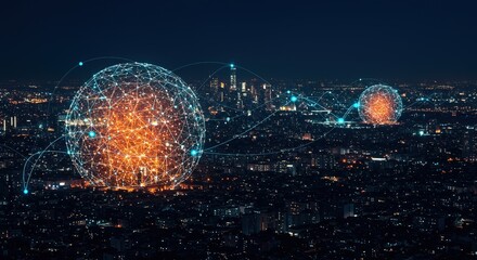 Abstract technology network background with glowing spheres representing business, travel, and lifestyle in a modern city, conceptualizing interconnectedness and global communication for people