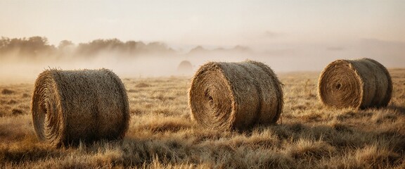 Misty morning hay bales in serene field, tranquil nature scene