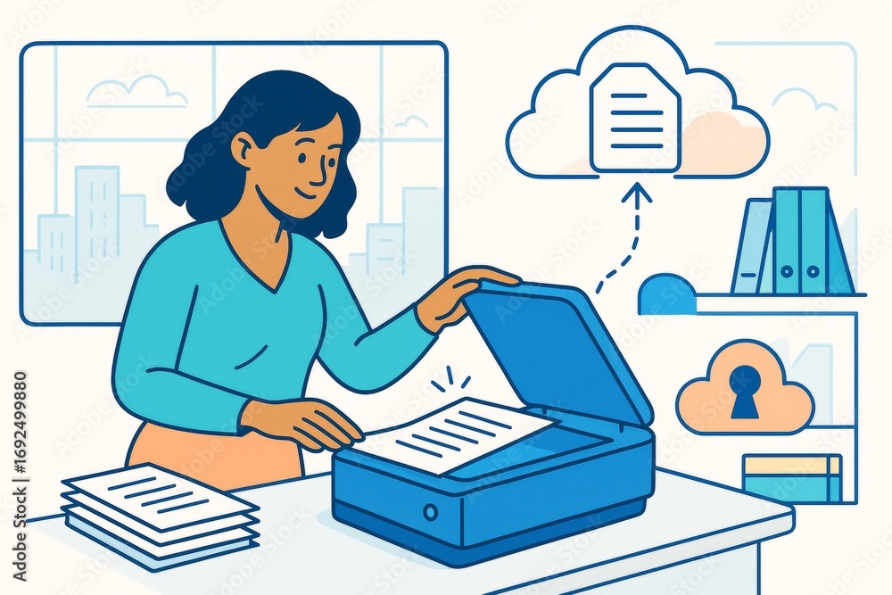 Aufkleber woman scanning documents using printer to upload files to cloud storage with secure access in office