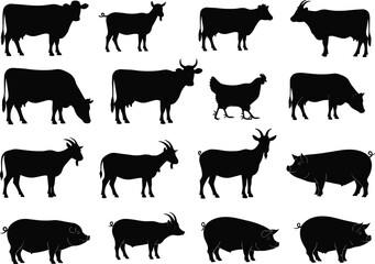Farm animal silhouettes, cow, goat, pig, chicken illustration, livestock vector, black silhouette design, agriculture, rural farming, domestic animals collection