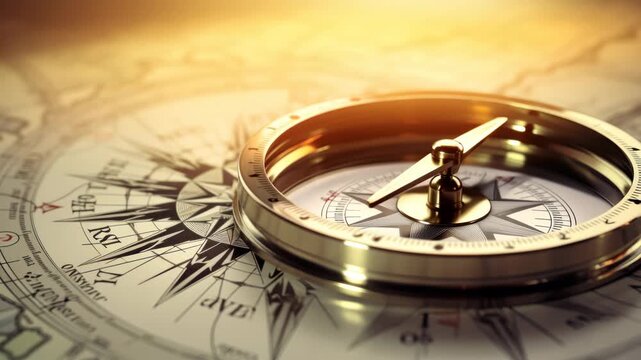 Intricate compass resting on an old nautical map under warm sunlight