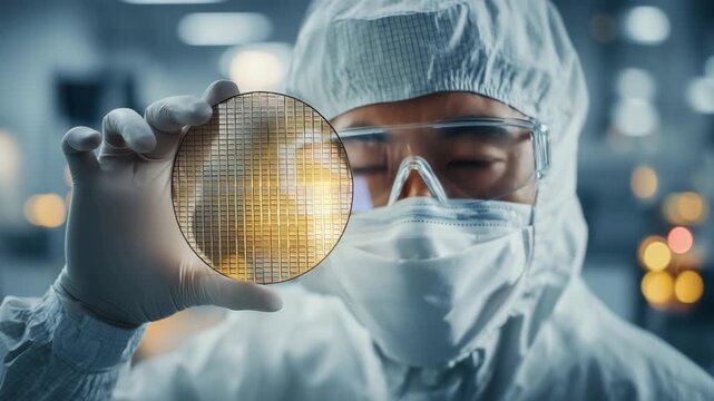 技術者がウェーハを丁寧に検査する静かな様子