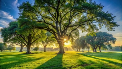Serene Sunrise Illuminating Lush Green Meadow with Majestic Trees Casting Long Shadows