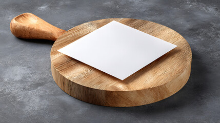 Square Paper Mockup on a Wooden Cutting Board with Handle, Rustic Gray Background Enhancing its Natural Appeal
