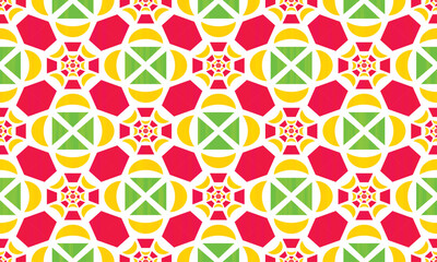 The fabric pattern is a geometric shape that is stacked in a circle. There are Half moon, Hexagon, triangles and squares mixed colors