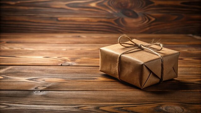 A rustic brown gift package tied with twine sits on a dark wooden surface