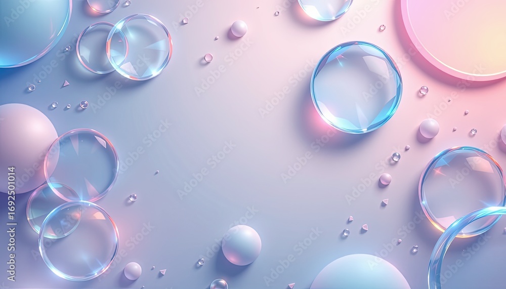 Poster colorful bubbles and droplets on a soft gradient background for creative and design projects