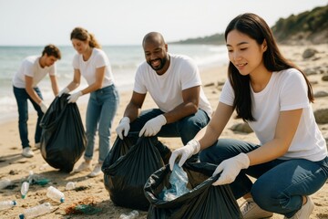 Diverse group of volunteers cleaning beach together in sunlight, promoting environmental awareness and teamwork on natural sandy background. Ai generative