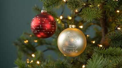 Fototapeta premium A red and a gold Christmas bauble hanging on a festive fir tree with warm, glowing lights.