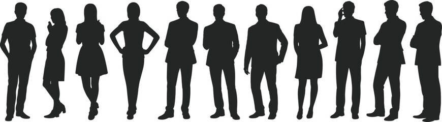 Silhouette of Business People Standing in a Row, Corporate Teamwork Concept, Professional Office Staff Isolated on White Background