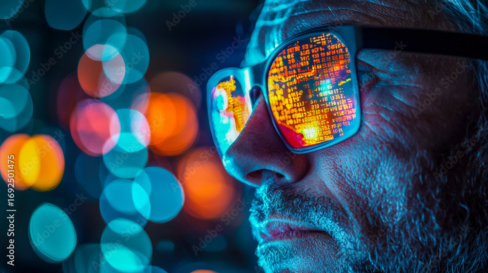 Poster close-up of a man wearing reflective glasses analyzing digital data in a high-tech environment