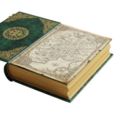An ornate, ancient emerald green tome with gold tooling, open on yellowed vellum pages with a detailed fantastical map, on white with reflections. Concept of forgotten knowledge