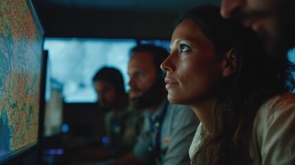 Concentrated medium shot of a planner peering at a multilayered GIS map on a monitor with outoffocus teammates coordinating in a dimly lit situation room.