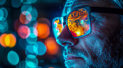 Close-up of a man wearing reflective glasses analyzing digital data in a high-tech environment