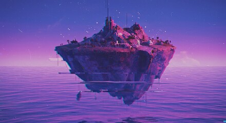 Floating Island Cityscape with Glitch Effect in a Dreamy Purple Ocean