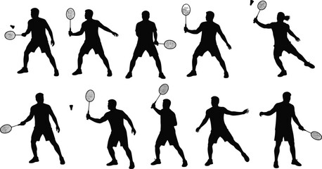 Vector illustration of multiple badminton players in dynamic action poses, holding rackets, hitting shuttlecock, showcasing sport, fitness, competition, and teamwork.