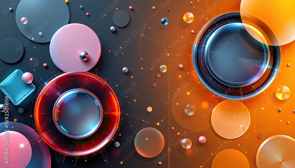 Poster vibrant abstract composition with colorful circles, geometric shapes, and dynamic background element