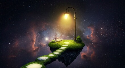 Floating Island Pathway Illuminated by a Vintage Street Lamp Against a Starry Nebula Sky