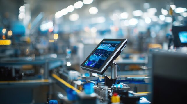 Focused medium shot of a monitor displaying 2D code data during pharma serialization with the assembly line gently blurred in the back.