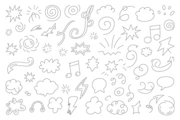 Collection of diverse hand-drawn doodle graphics for creative projects and designs silhouette vector illustration white background