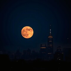A magnificent orange-hued moon rises over the silhouette of a city skyline at night