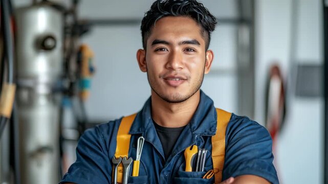 Skilled mechanic posing confidently in workshop during daylight hours, showcasing tools and professionalism